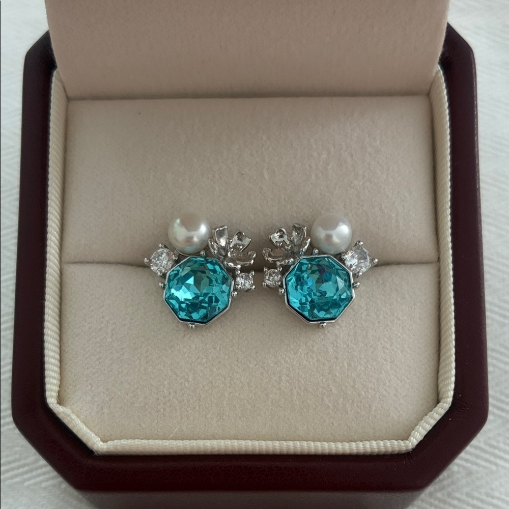 Blue Gem & Pearl Earrings | Sterling Silver Posts | Christmas Gift for Her